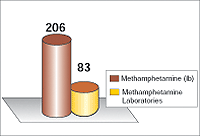 Chart showing 206 pounds of methamphetamine and 83 methamphetamine laboratories seized on Department of the Interior lands in 2003.