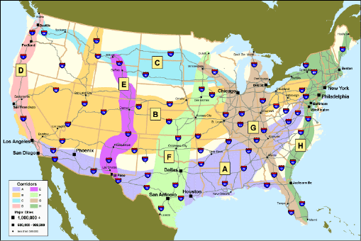 Map of U.S. showing the drug corridors as described in the following text.