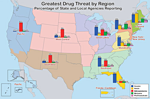 Map illustrating the greatest drug threats in each OCDETF region.