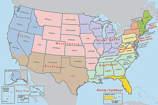 U.S. map showing the nine OCDETF regions.