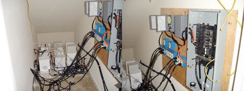 Photo showing a hazardous electrical diversion (circuit breaker and electrical outlets) in an Elk Grove, California, indoor cannabis grow site.
