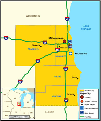 Map showing the Milwaukee High Intensity Drug Trafficking Area.