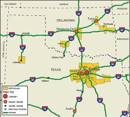 Map showing the North Texas HIDTA transportation infrastructure.