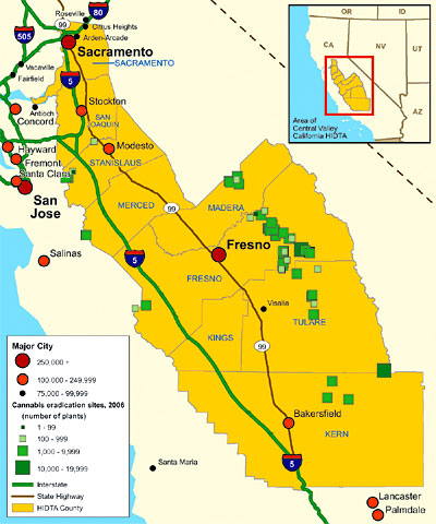 Map showing Central Valley California HIDTA cannabis eradication sites, 2006.