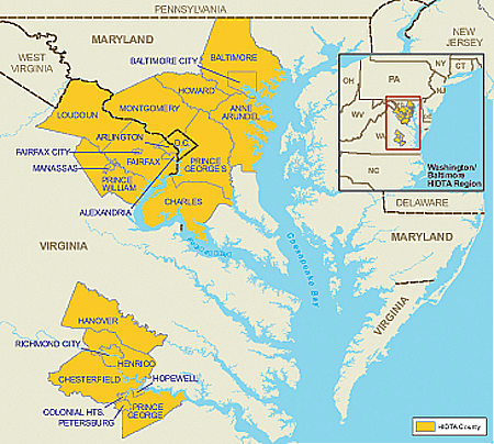 Map showing the Washington/Baltimore High Intensity Drug Trafficking Area.