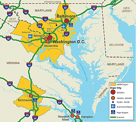 Map showing the Washington/Baltimore HIDTA area transportation infrastructure.