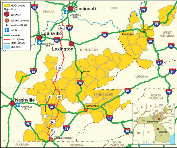 Map showing the Appalachia HIDTA transportation infrastructure.