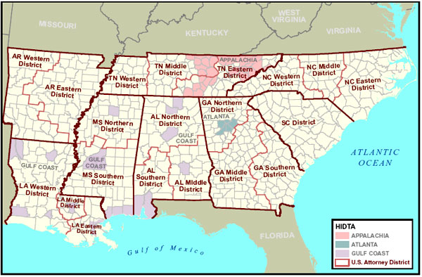 Map of the Southeast Region showing HIDTAs and U.S. Attorney Districts.