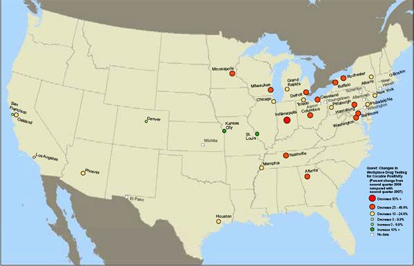U.S. map showing changes in Quest cocaine positivity results in cities with reported cocaine shortages comparing second quarter 2006 with second quarter 2007.