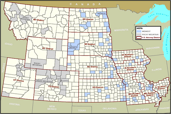 Map of the West Central Region showing HIDTAs and U.S. Attorney Districts.