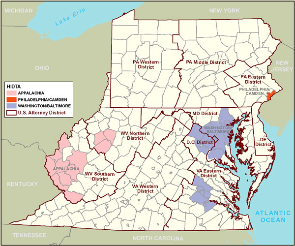 Map of the Mid-Atlantic Region showing HIDTAs and U.S. Attorney Districts.