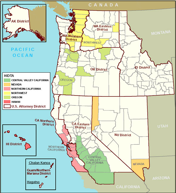 Map of the Pacific Region showing HIDTAs and U.S. Attorney Districts.