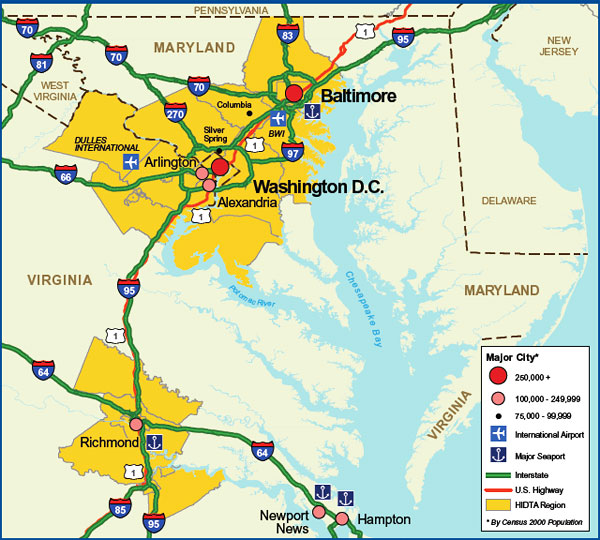 Map showing the Washington/Baltimore HIDTA region transportation infrastructure.