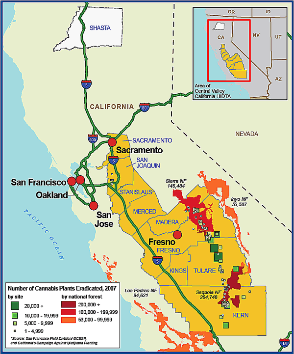 Map showing cannabis eradication sites in and around the Central Valley California High Intensity Drug Trafficking Area in 2007.