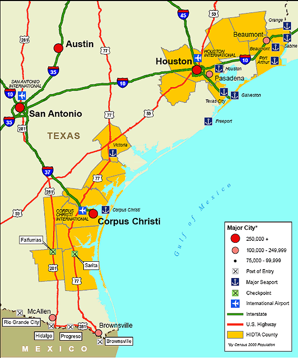 Map showing the Houston HIDTA region transportation infrastructure.