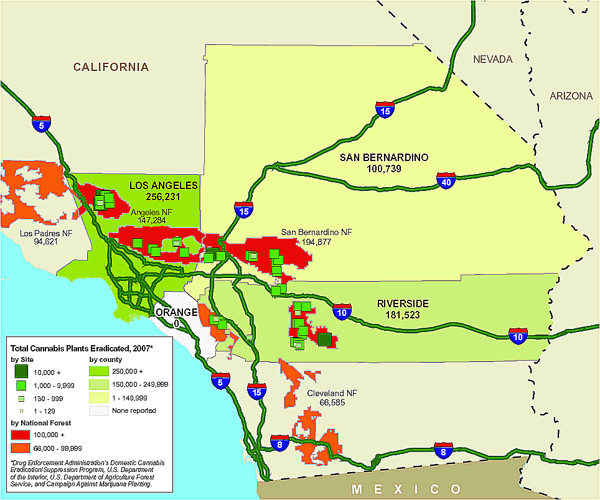 Map showing locations of outdoor cannabis cultivation areas in the Los Angeles HIDTA region.