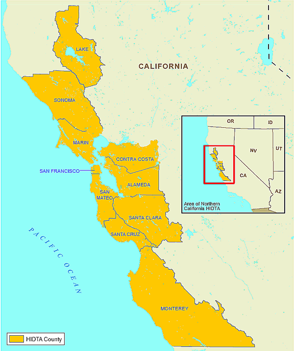 Map showing the Northern California High Intensity Drug Trafficking Area.