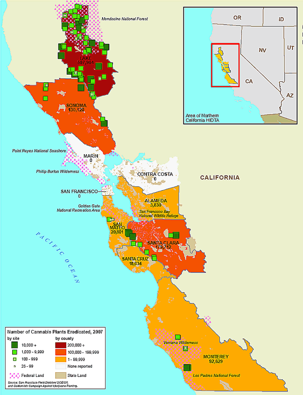 Map of the Northern California HIDTA region showing the numbers of cannabis plants eradicated by HIDTA county in 2007.