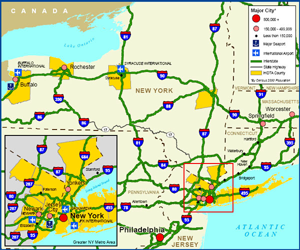 Map showing the New York/New Jersey HIDTA region transportation infrastructure.