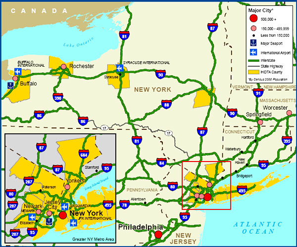 Map showing the New York/New Jersey HIDTA region transportation infrastructure.