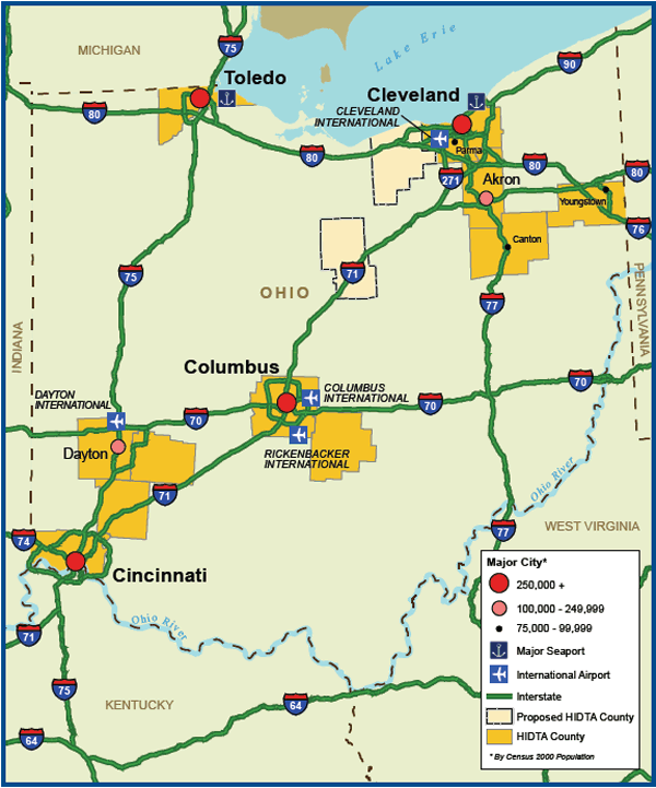 Map showing the Ohio HIDTA region transportation infrastructure.