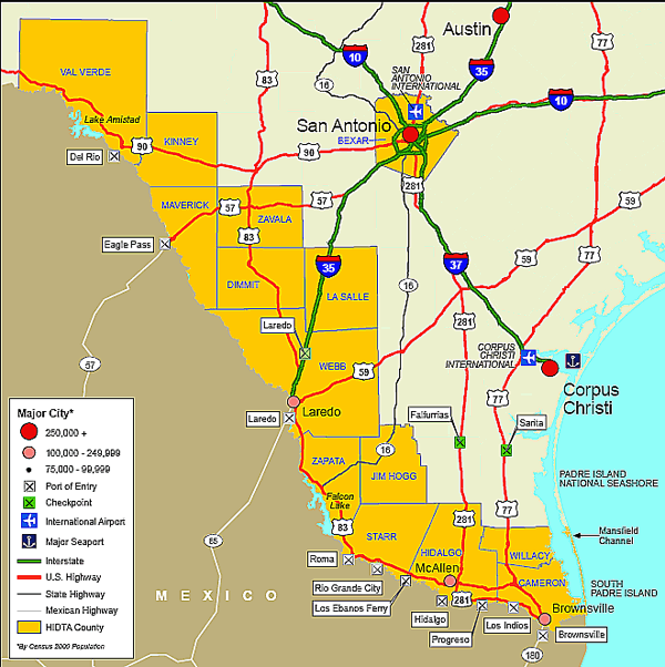 Map showing the South Texas HIDTA region transportation infrastructure.