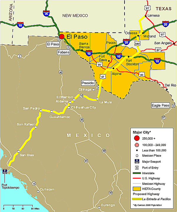 Map showing the West Texas HIDTA region and Mexico, highlighting the route of La Entrada al Pacifico.