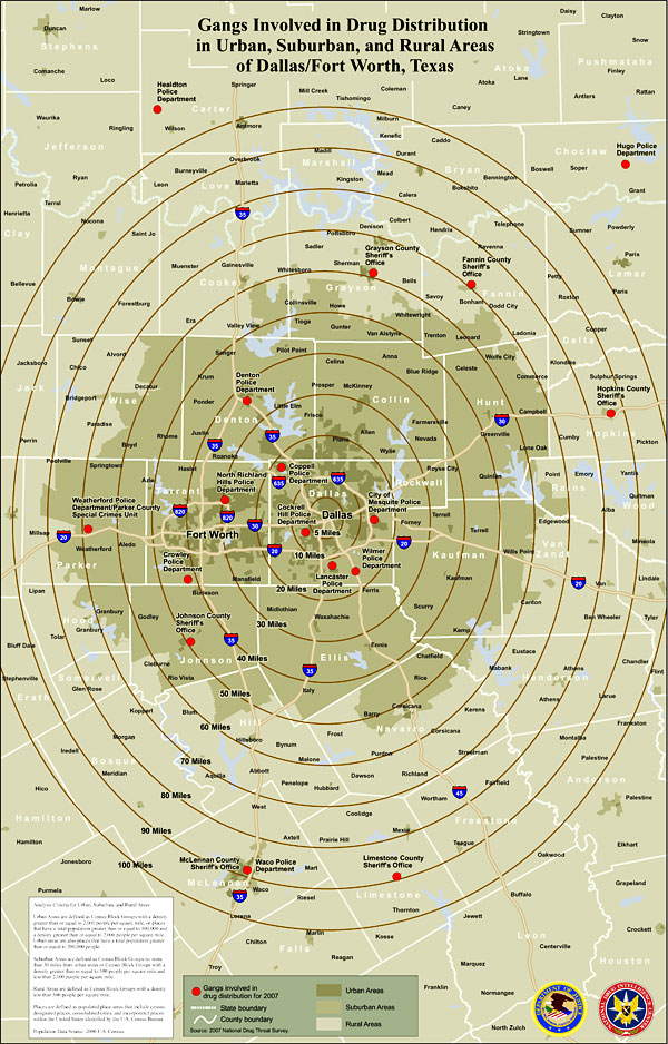 Map showing gangs involved in drug distribution in urban, suburban, and rural areas of Dallas/Fort Worth, Texas.