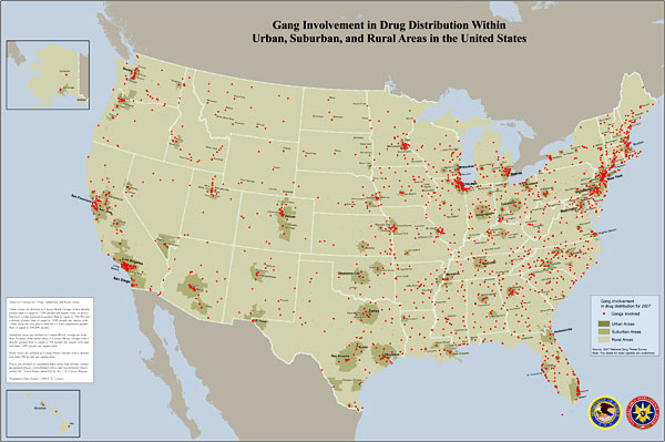U.S. map showing jurisdictions reporting gang involvement in drug activities in 2007.