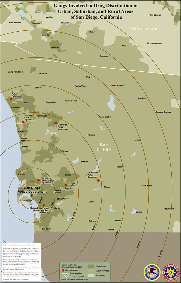 Map showing gangs involved in drug distribution in urban, suburban, and rural areas of San Diego, California.
