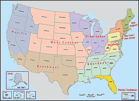 Map of the United States broken up into the nine OCDETF regions.