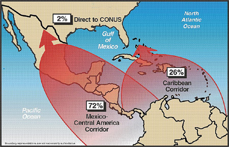 Map showing 72% of cocaine flowing to the U.S moving through the Mexico-Central America corridor, 26% flowing through the Caribbean Coridor, and 2% flowing direct to the continental United States.