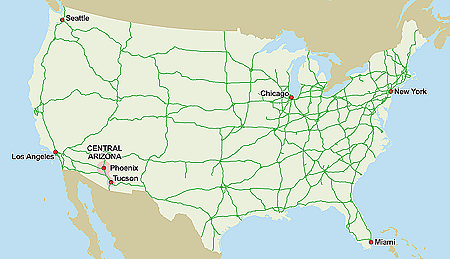 Map ot the U.S. showing Central Arizona, (the Phoenix-Tucson corridor), Chicago, Los Angeles, Miami, New York, and Seattle as Primary Market Areas for marijuana.