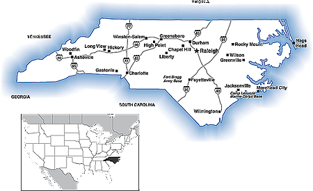 Map of North Carolina showing major transportation routes.
