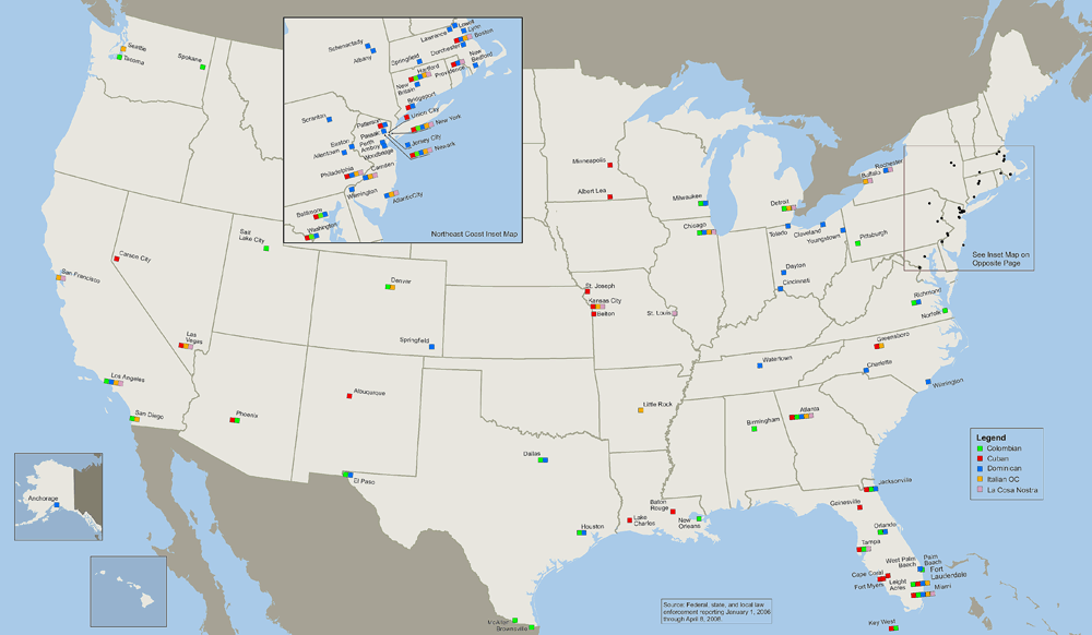 U.S. map showing cities reporting the presence of Colombian, Cuban, and Dominican DTOs; La Cosa Nostra; and Italian organized crime, from January 1, 2006 through April 8, 2008.