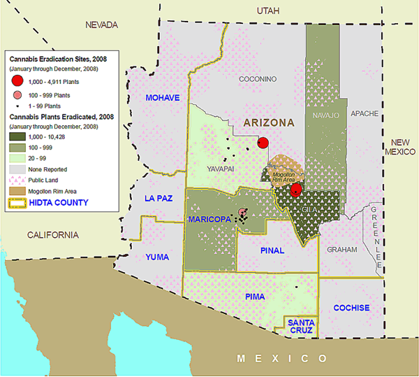 Map showing cannabis eradication sites in the Arizona HIDTA region in 2008.