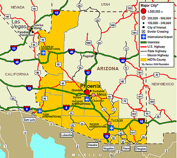 Map showing the Arizona HIDTA region transportation infrastructure.