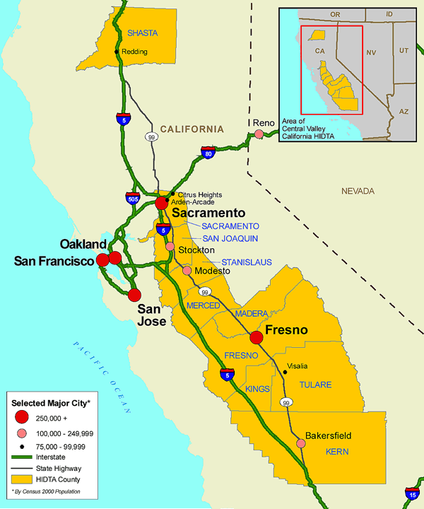 Map showing the Central Valley California High Intensity Drug Trafficking Area.