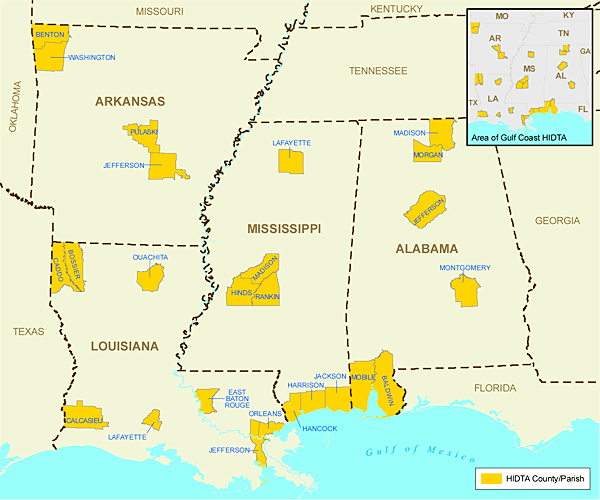 Map showing the Gulf Coast High Intensity Drug Trafficking Area.