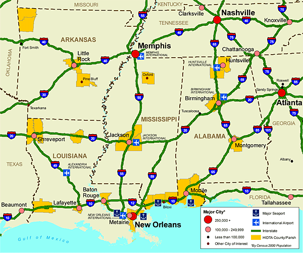Map showing the Gulf Coast HIDTA region transportation infrastructure.