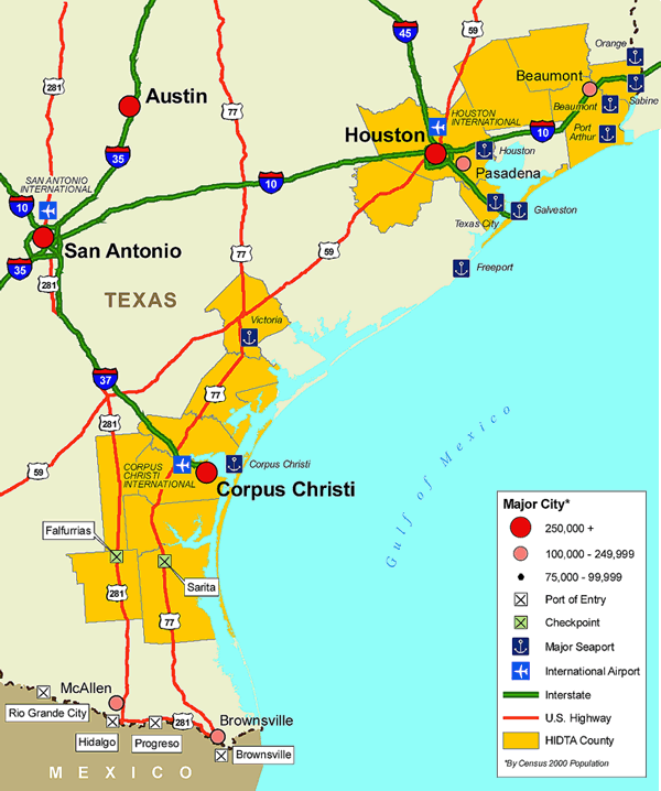 Map showing the Houston HIDTA region transportation infrastructure.