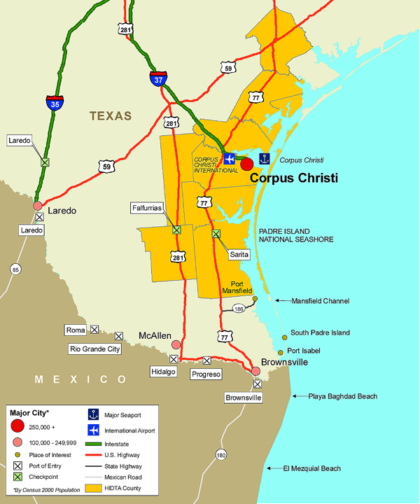 Map showing the southern Houston HIDTA area and the Padre Island National Seashore.