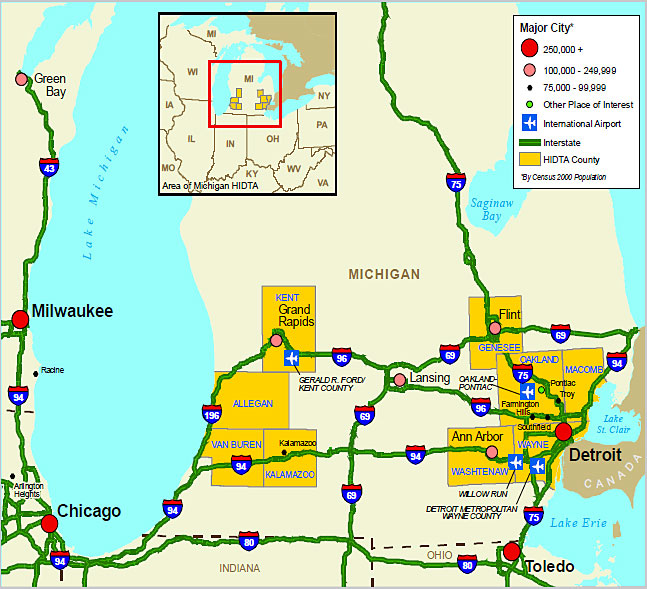 Map showing the Michigan High Intensity Drug Trafficking Area.