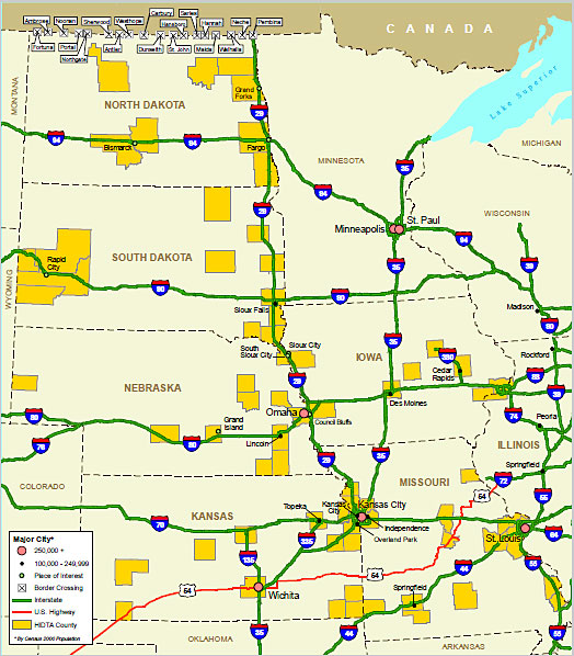Map showing the Midwest HIDTA region transportation infrastructure.