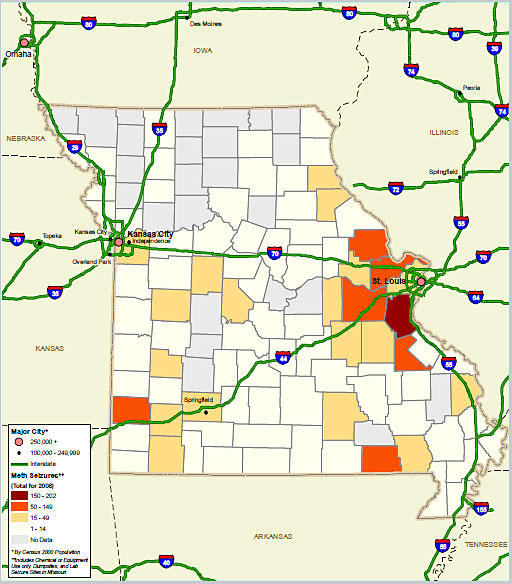 Map showing the number of methamphetamine laboratory seizures in Missouri, by county, in 2008.