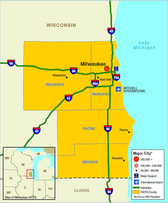 Map showing the Milwaukee High Intensity Drug Trafficking Area.