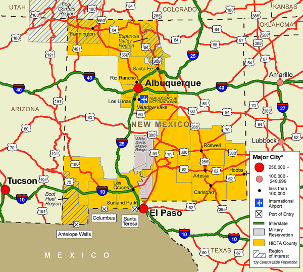 Map showing the New Mexico HIDTA region transportation infrastructure.