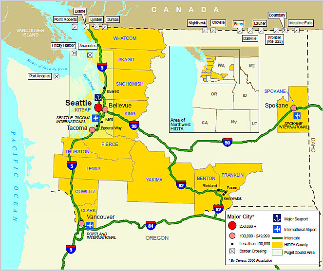 Map showing the Northwest High Intensity Drug Trafficking Area transportation infrastructure.