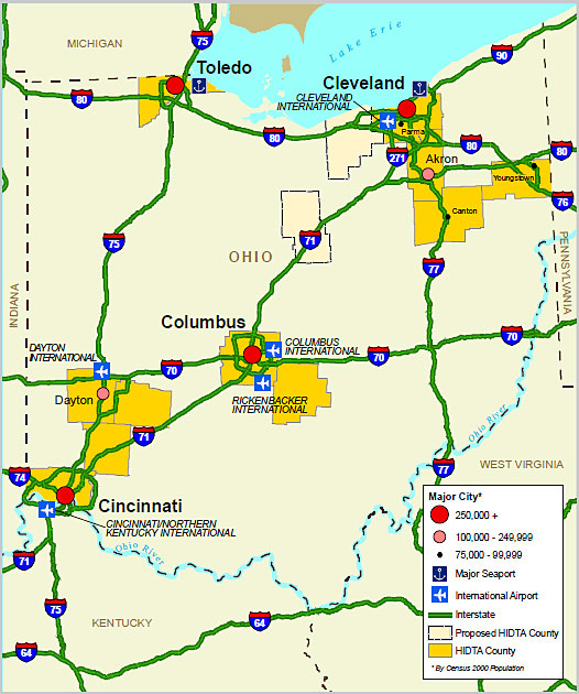 Map showing the Ohio HIDTA region transportation infrastructure.