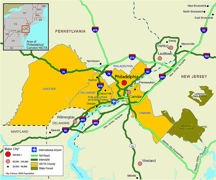 Map showing the Philadelphia/Camden High Intensity Drug Trafficking Area.